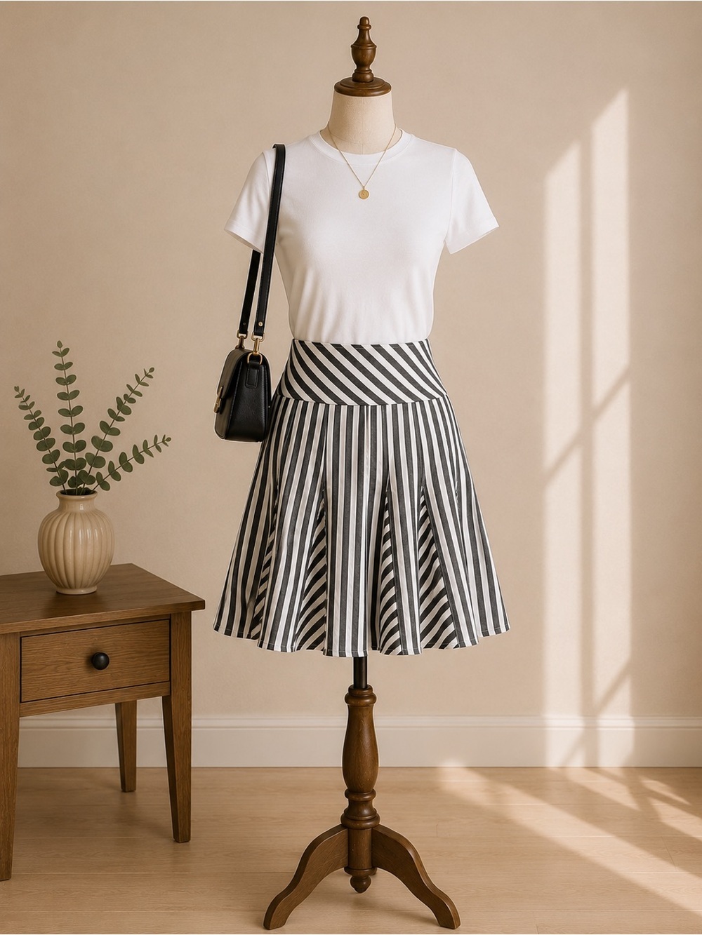 RW&CO Black White Striped Pleated A-Line Skirt Women's Size 2 Cotton Fit & Flare